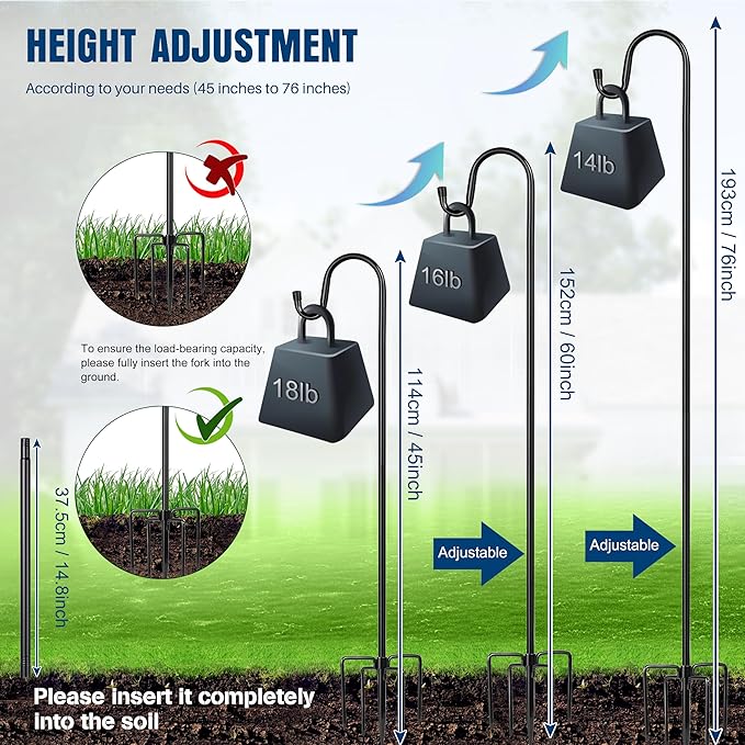 Ottsuls Shepherd Hooks with 5 Prongs Base for Outdoor - 76 Inch Adjustable Bird Feeder Pole for Outside Hanging, Garden, Hummingbird Feeder, Plant Baskets, Solar Light Lanterns, Wedding Decor (1 Pack)