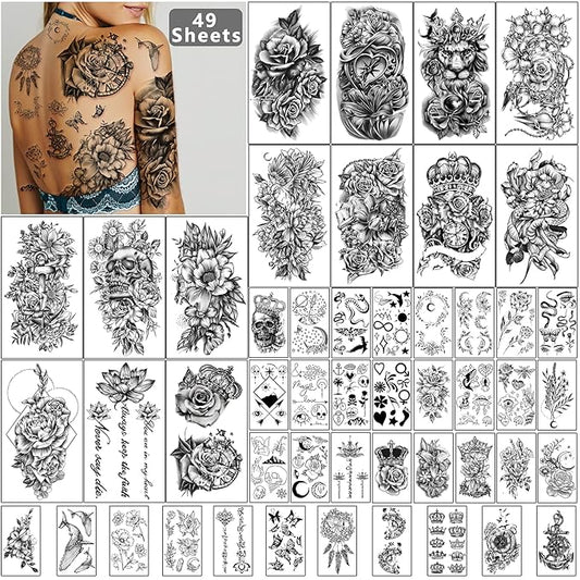 Yazhiji 49 sheets Large Flowers Butterfies Crown Waterproof Temporary Tattoos for Women and Girls,Fake Tattoos for Kids or Adults Body Make Up Tattoo