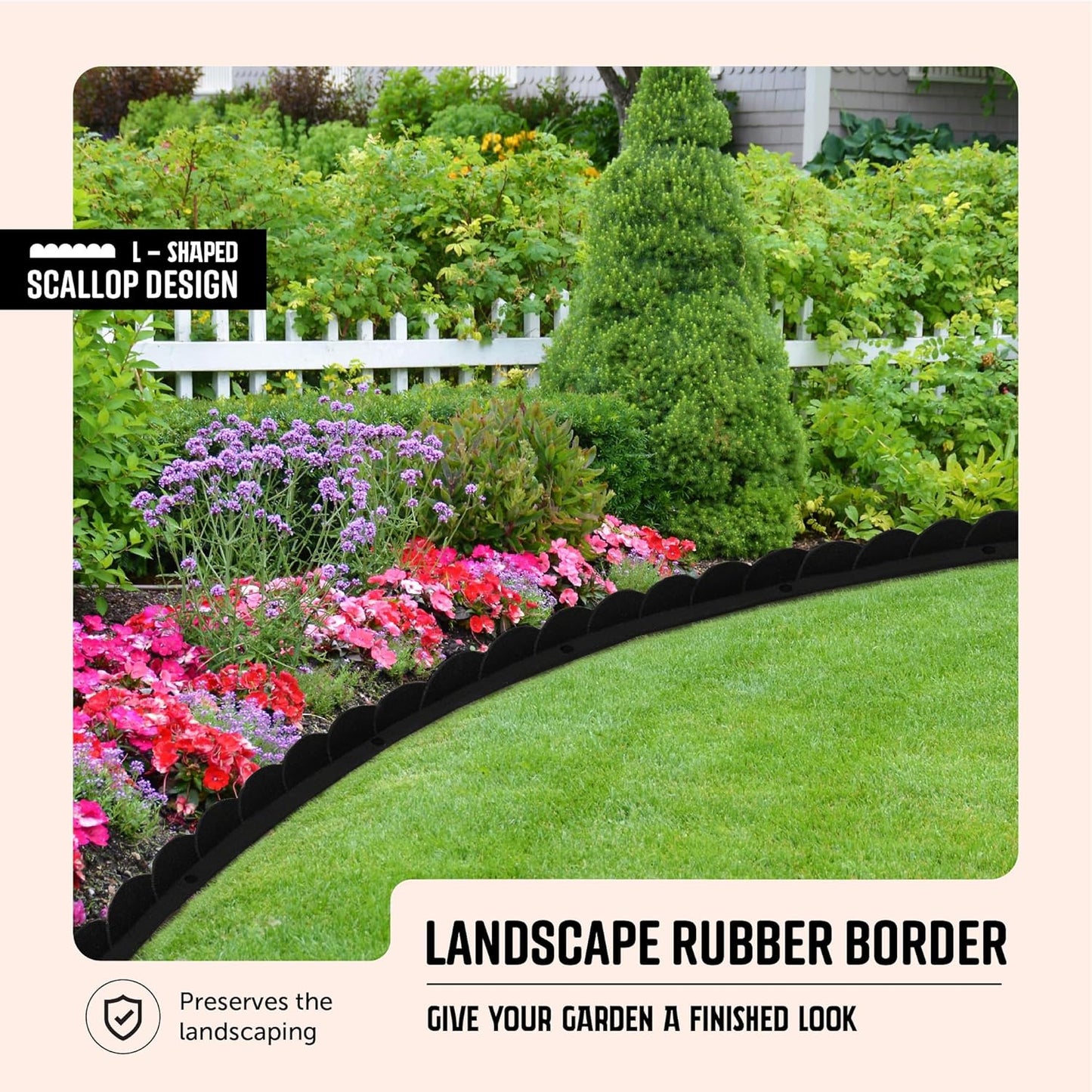 Playsafer L Shaped Flexible Rubber Scalloped Edger for Lawns Landscaping and Playground | Easy No Dig Installation| 4' Long (1, Black)