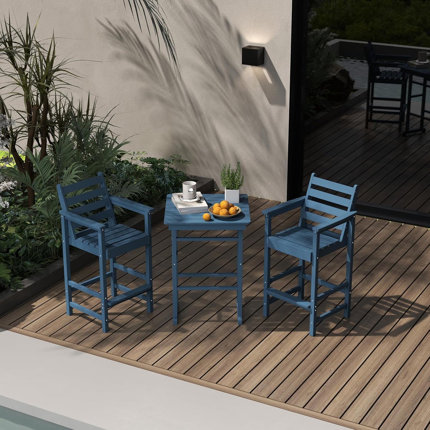 Outdoor Bar Set, 3-Piece HDPE Balcony Set with 2 Tall Adirondack Chairs and Bar Table, All-Weather Bar Height Stools for Patio, Backyard, Poolside (Navy Blue)