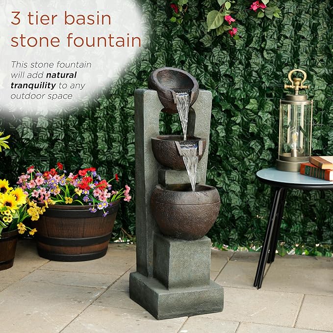 Alpine Corporation TZL400 34" 3 Tier Basin Cascading Fountain with LED Lights, Elegant Outdoor Water Feature for Garden, Patio, Yard & Outdoor Spaces, Relaxing Waterfall Fountain, Gray