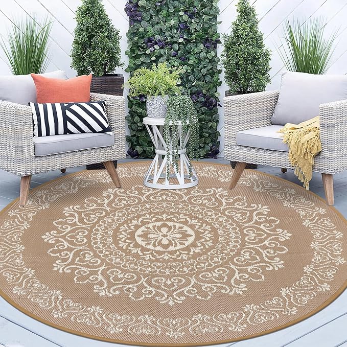 Pauwer Waterproof Outdoor Rug 8ft, Reversible Plastic Straw Patio Camping Rug, Indoor Outdoor RV Mat Carpet for Deck, Camper, Porch, Balcony, Backyard, Picnic, Floral Brown