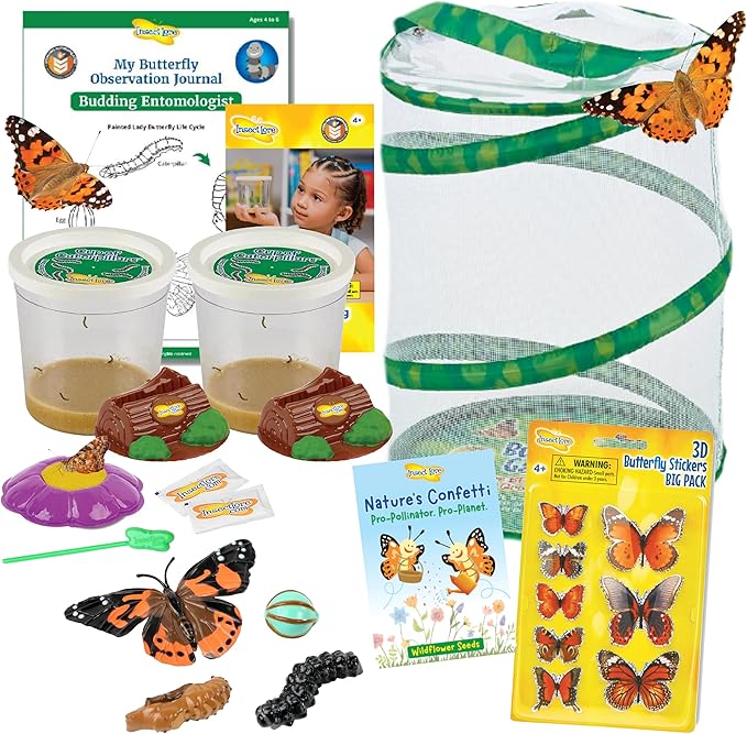 Insect Lore Butterfly Garden Kit with Live Caterpillars – Grow 10 Painted Lady Butterflies | STEM Learning Activity, Habitat with Journal, Stickers, Seeds & Figurines | As Seen on TV