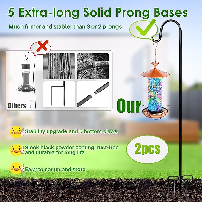 XDW-GIFTS Bird Feeder Pole for Outdoor, 2-Pack 60 Inch Shepherds Hooks Heavy Duty Garden Pole for Hanging Plant Basket, Solar Light Lanterns, Garden Plant Hanger Stands with 5 Base Prongs