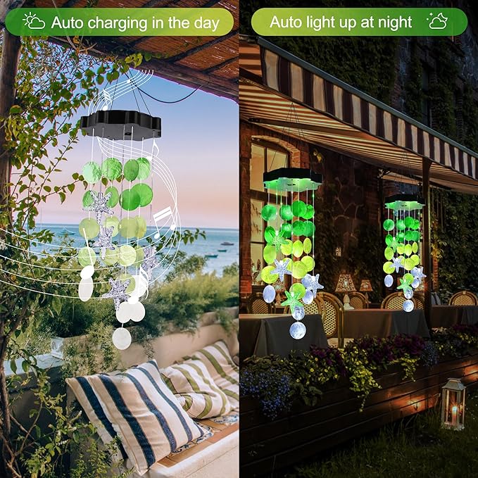 Solar Wind Chimes for Outside, White & Green Shell Gifts for Mom Grandma Women, Waterproof Solar Outdoor Decorative Mobile Lights for Garden, Yard, Patio, Window, Party, Outdoor Decorations