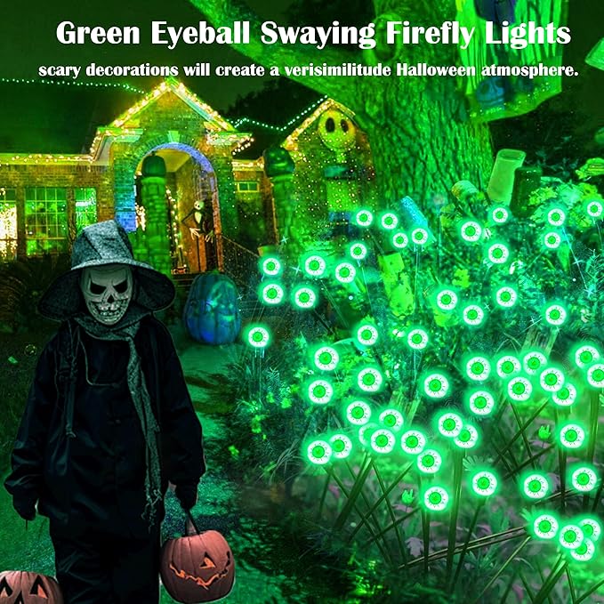 4 Pack Green Solar Eyeball Halloween Lights - Outdoor, Waterproof, Swaying Fairy Lights for Pathway, Yard, Garden Decorations