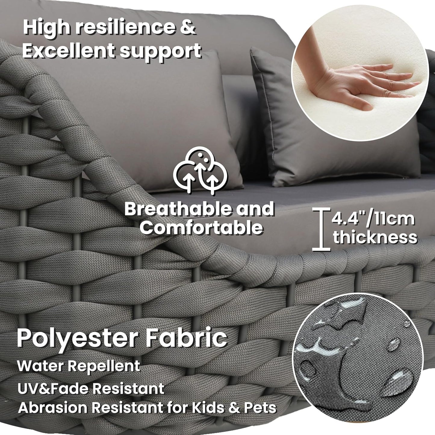 6 Pieces Rope Patio Furniture Set: Aluminum Outdoor Couch Set Cushioned - Assembled Porch Conversation Sofa Set Modern - Metal Patio Seating for 7 Person Deck Garden Poolside Hotel, Dark Gray