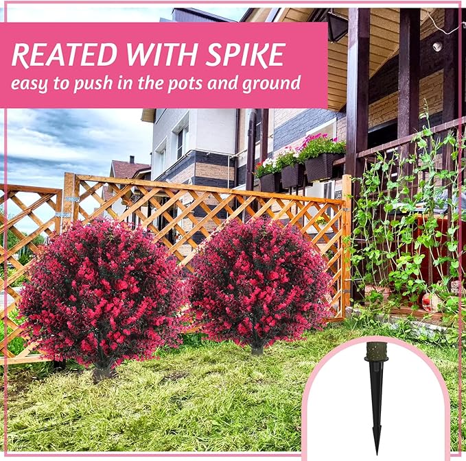 Yunlly 6 Pcs 18 Inch Artificial Boxwood Ball Topiary Tree Fake Outdoor Plants Bush, UV Resistance Faux Shrubs with Spike Realistic Greenery Potted for Indoor Garden Yard Porch Patio Decor (Rose Red)