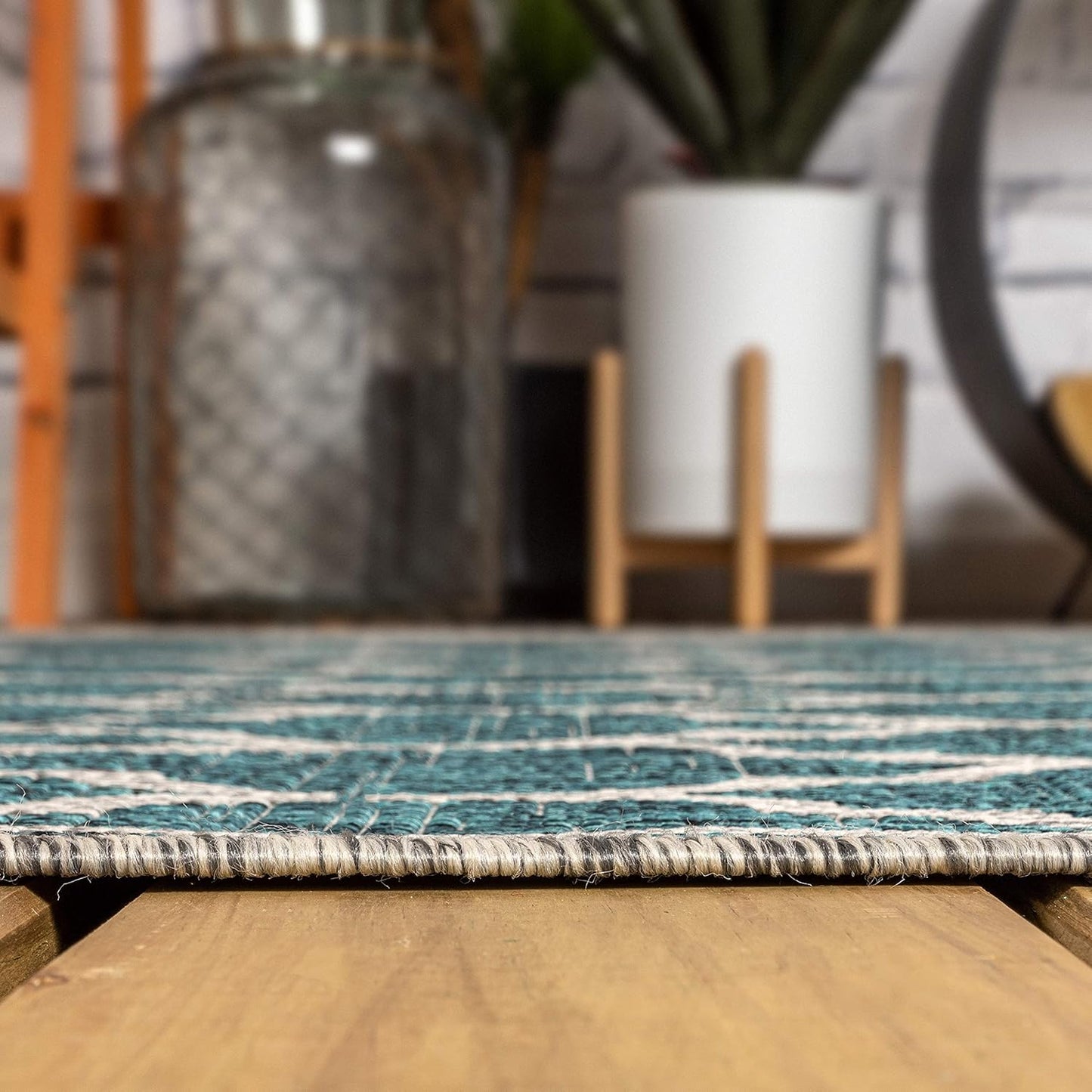 Eyely BMS109E-4R Santa Monica Trebol Moroccan Trellis Textured Weave, Pet Friendly, Non-Shedding, Stain Resistant, Easy-Cleaning, Teal/Gray, 4' Round, Indoor/Outdoor, Area Rug