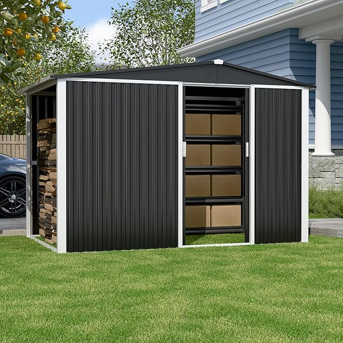 Metal Outdoor Storage Shed 10FT x 6FT with Firewood Storage, Steel Utility Tool Shed Storage House with Sliding Door, Metal Sheds Outdoor Storage for Backyard Garden Patio Lawn, Black