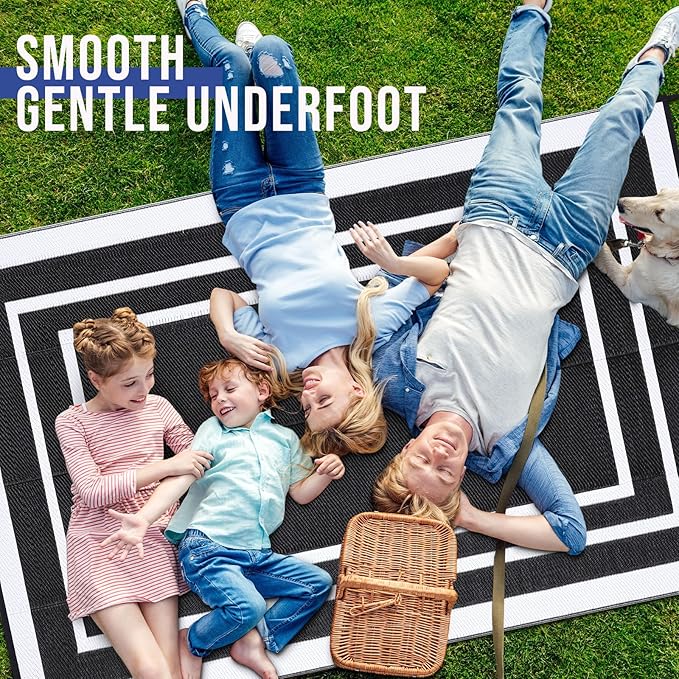 OLANLY Outdoor Rug 9x12 ft Waterproof, Reversible Outdoor Plastic Straw Rug, RV Mat, Indoor Outdoor Carpet Clearance for Patio, Camping, Balcony, Deck, Backyard, Black & White