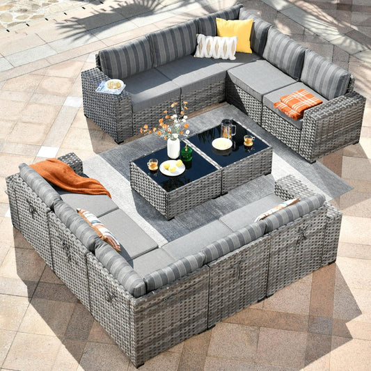 HOOOWOOO 12 Piece Modular Patio Outdoor Sectional Furniture Sofa Set,Wicker Conversation Set,Out Door Couch Set with Wide Arm for Outside All Weather(Grey Stripes)