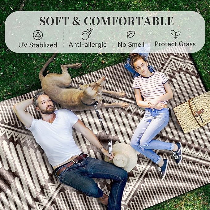 MontVoo Outdoor Rug-Waterproof Patio Rug Mat 5x8 Outdoor Carpet Mat Reversible Plastic Straw Outside Outdoor Rug for RV Camping Picnic Balcony Backyard Pool Deck Porch Modern Boho Beige Brown