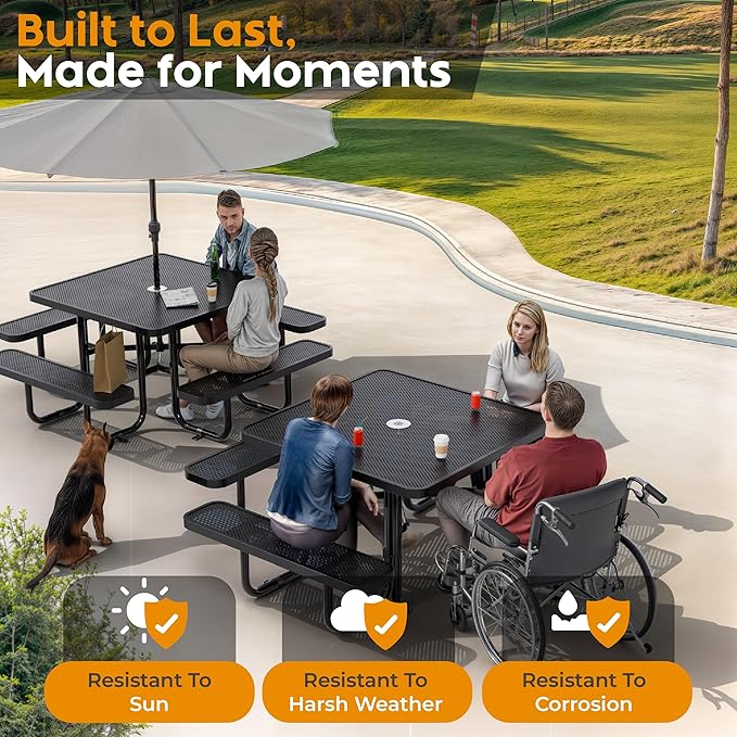 Metal Picnic Tables for Outdoors with Umbrella Hole - Coated Steel Heavy Duty Commercial Grade Table with Adjustable Seats (Black, 46 in, Square, Punched Steel)