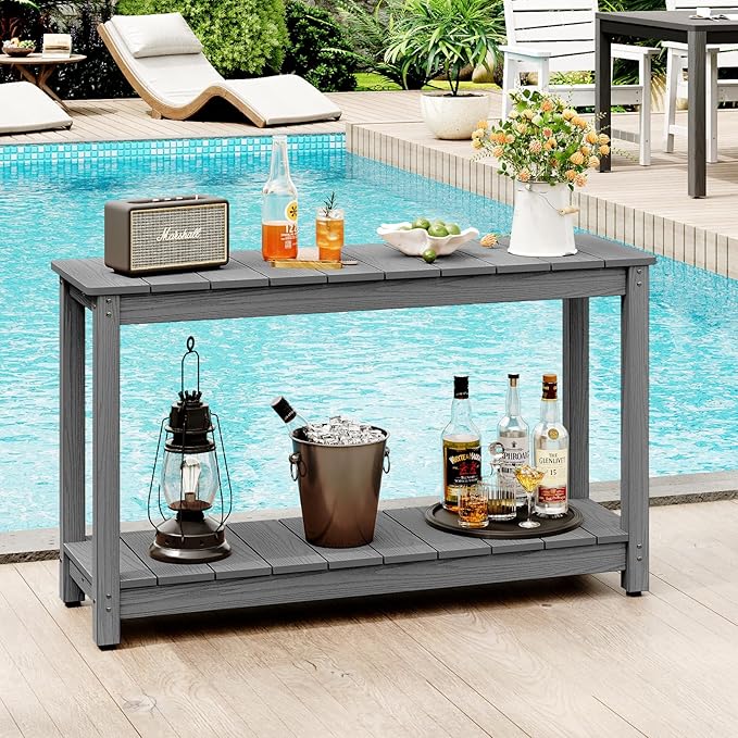 Outdoor Console Table, 48" Weather Resistant HIPS Patio Side Table, 440LBS Weight Capacity, 2-Tier Multifunctional Buffet Bar Storage Organizer for Garden Deck, Gray