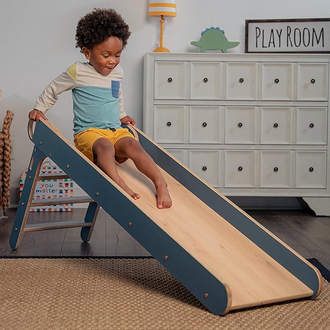 Avenlur Indoor Folding Slip and Slide for Kids - Easy Set Up, Easy to Store Playset, Safe Toy for Toddlers, Foldable Wooden Large First Slide with Extra Long Slipping Slope Ages 1.5-4 Years (Blue)