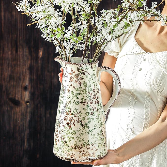Enra Pitcher vase with Handle,12.2 in Ceramic Vintage Chinoiserie Floral Vase,Green and Beige Decorative Flower vase,Large Rustic Vases for Home Decors, Living Room, Bookshelf, Office