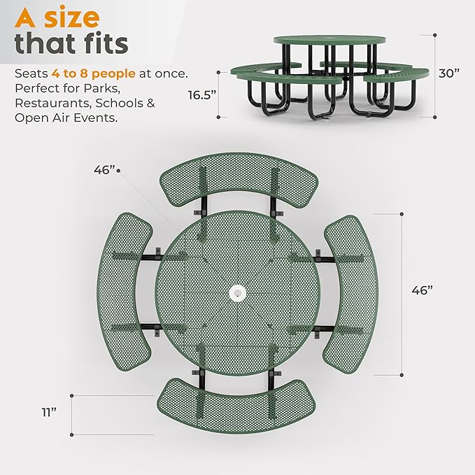 Metal Picnic Tables for Outdoors with Umbrella Hole - Coated Steel Heavy Duty Commercial Grade Table with Adjustable Seats (Green, 46 in, Round, Punched Steel)
