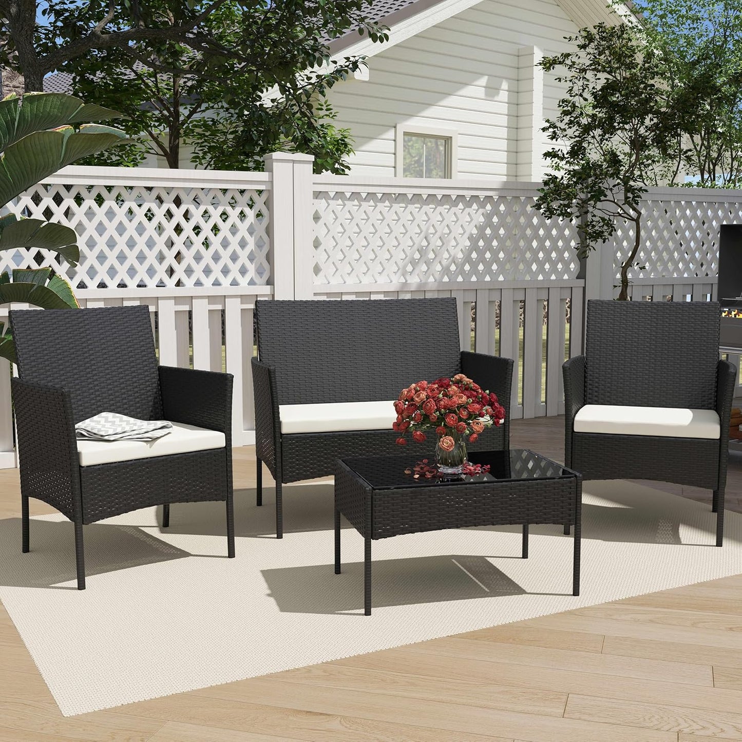 4 Piece Patio Furniture Set - Outdoor Conversation Sets with Coffee Table, Rattan Chair Set for Garden/Poolside, Coffee/Navy Blue