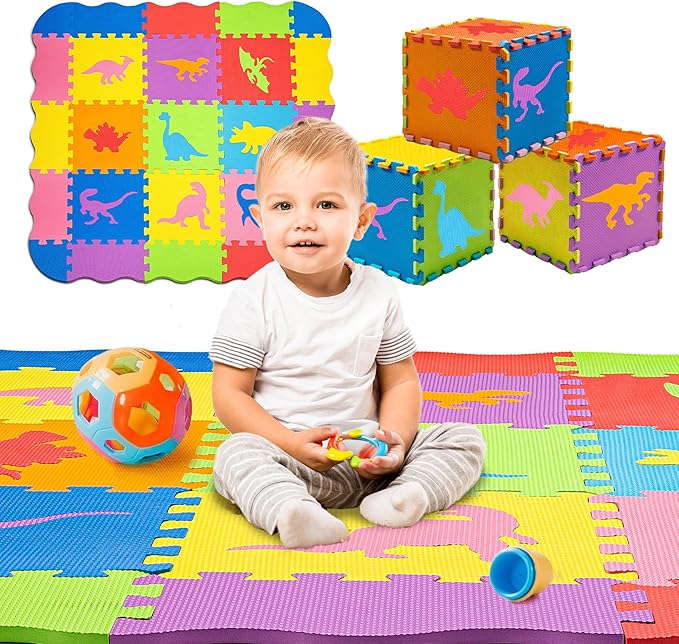 TOYVELT Foam Puzzle Floor Mat for Kids 48x48-25 Interlocking Dinosaurs Play Mat Tiles Multicolor - Educational Large Puzzle Foam Floor Tiles for Crawling