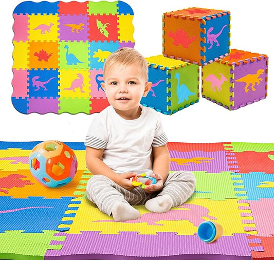 TOYVELT Foam Puzzle Floor Mat for Kids 48x48-25 Interlocking Dinosaurs Play Mat Tiles Multicolor - Educational Large Puzzle Foam Floor Tiles for Crawling