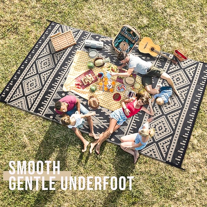 OLANLY Outdoor Rug Waterproof 8x10 ft, Reversible Outdoor Plastic Straw Rug, Boho Patio Rug, Indoor Outdoor Carpet, RV Mat Outside for Patio, Camp, Picnic, Balcony, Deck, Backyard, Black & Beige