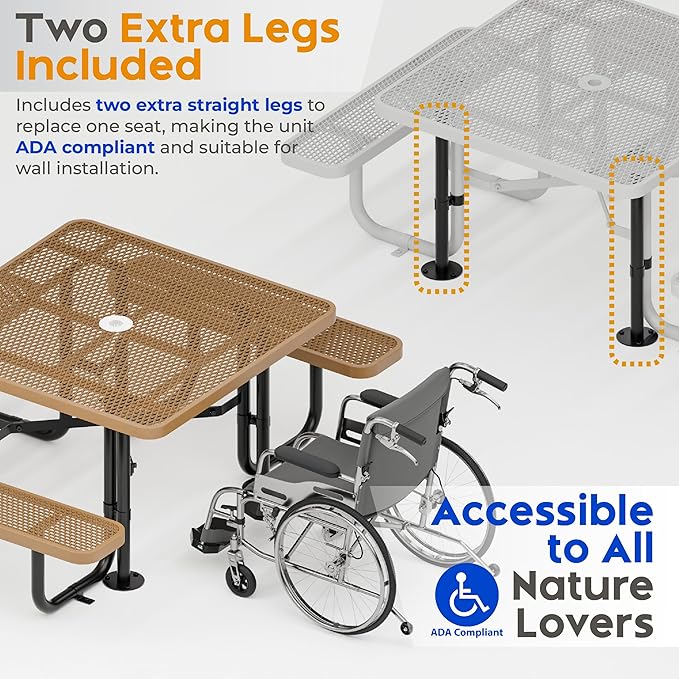 Metal Picnic Tables for Outdoors with Umbrella Hole - Coated Steel Heavy Duty Commercial Grade Table with Adjustable Seats (Brown, 46 in, Square, Expanded Steel)