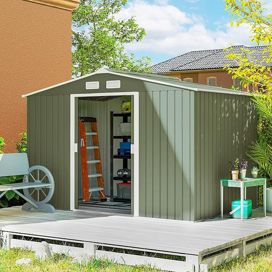 Outsunny 9' x 6' Outdoor Storage Shed, Garden Tool Metal Shed with Foundation Kit, Double Lockable Door, Air Vents and Sloping Roof, for Backyard, Patio, Lawn, Green