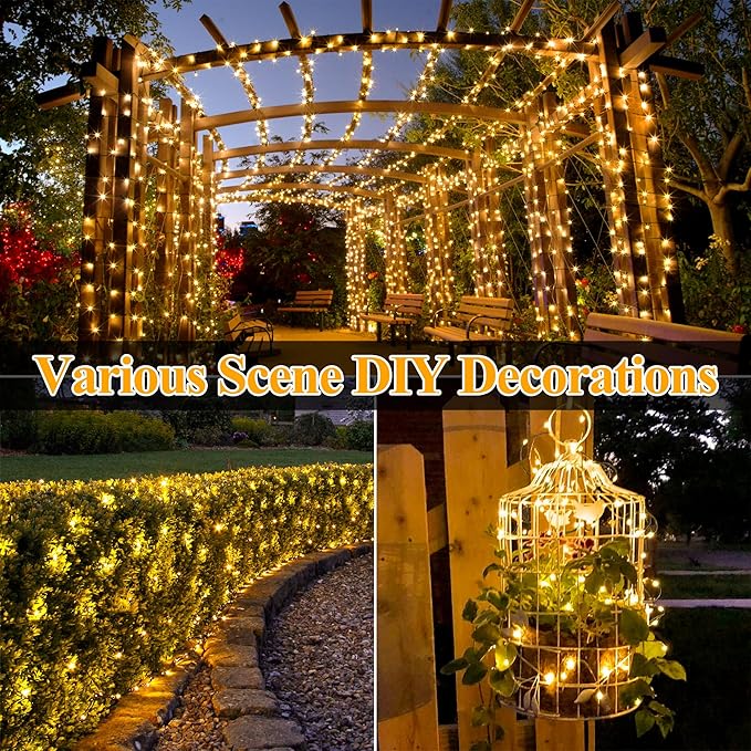 Ollny Solar String Lights Outdoor, 2 Pack Total 198FT 600LED Solar Fairy Lights, 8 Modes IP67 Waterproof for Outside Yard Garden Patio Xmas Party, Warm White