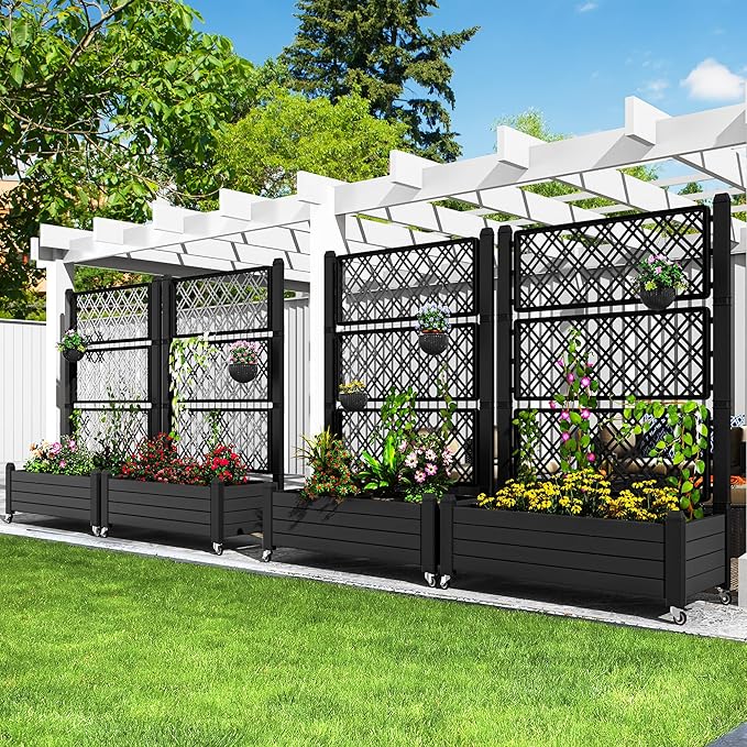 YITAHOME 3.6x1.5x5 FT Planter Box Trellis with Wheels, Large Outdoor Plastic Raised Garden Bed with Drain Plug for Climbing Plants, Black