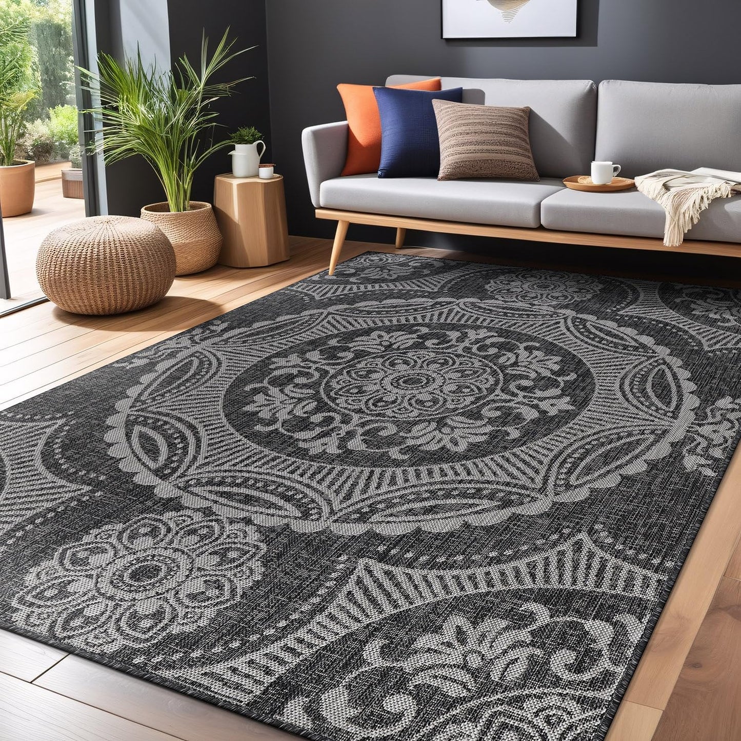 Medallion Outdoor Rug 10x14 Washable Outside Carpet for Indoor Patio Porch Waterproof Easy Cleaning Non Shedding Area Rugs Dark Gray 10 x 14