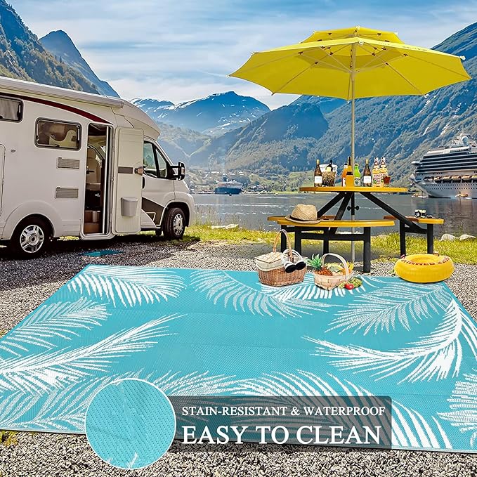 Pauwer Waterproof Outdoor Rug 9x12, Reversible Plastic Straw Patio Camping Rug, Indoor Outdoor RV Mat Carpet for Deck, Camper, Porch, Balcony, Backyard, Picnic, Leaf Teal