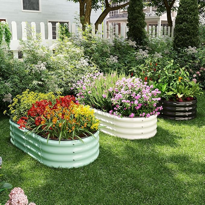 Galvanized Metal Planter Raised Garden Bed Kit for Gardening Outdoor，4x2x1ft Planter Grow Garden Box Raised Flower Bed，Long Vegetable Clearance Herb Raised Garden Beds for Gardening White