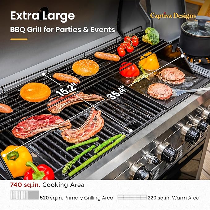 Captiva Designs 6-Burner Propane Gas BBQ Grill with Side Burner & Porcelain-Enameled Cast Iron Grate and Plate for Outdoor Barbucue Events, 52,000 BTU Output,740 SQ.IN. Cooking Area，Heavy Duty
