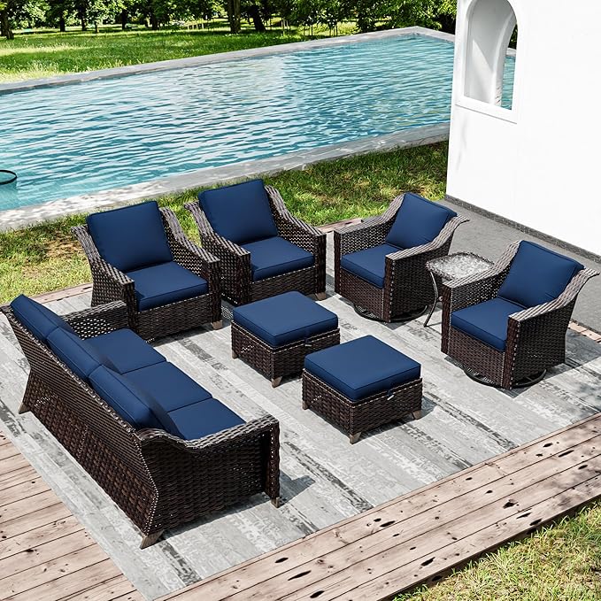 Joyside Wicker Patio Furniture Sets, 8 Pieces Upgraded Large Size Outdoor Furniture with Swivel Rocking Patio Chairs, Patio Dining Chair, 3-Seat Sofa, Outdoor Ottoman, Thick Cushions, Wide Armrest