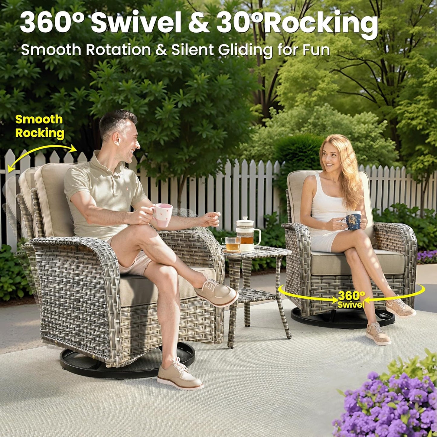 ovios 8 Pieces Patio Furniture Set Outdoor Sectional Sofa Couch with Rocking Swivel Chairs Deep Seat Chaise Comfy Cushions, Modern Modular Wicker Rattan Conversation Set, Beige