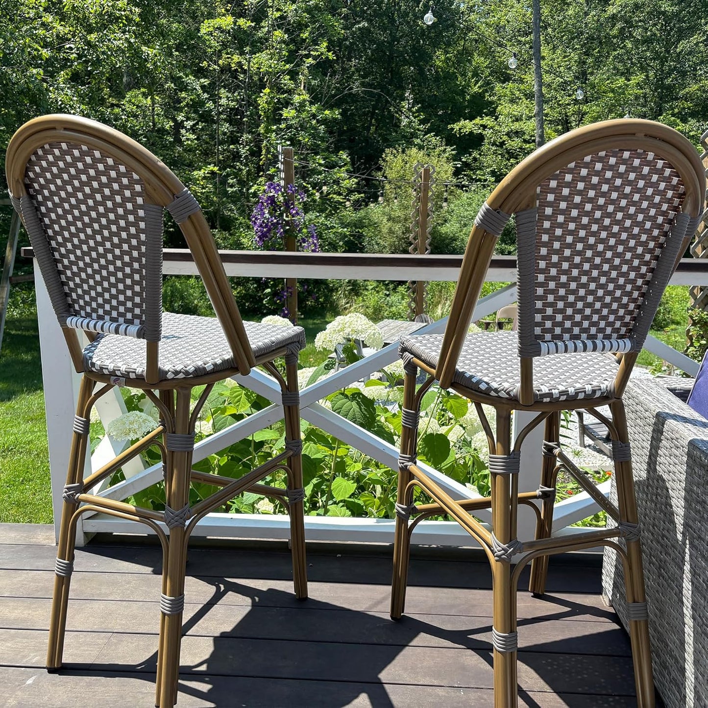 PURPLE LEAF French Bar Stool Set of 2 Bamboo Print Finish Patio Bar Stools with Back Rattan Chairs Wicker Bar Height Stool 30" with Footrest Kitchen Island Stools Outdoor Barstool Grey