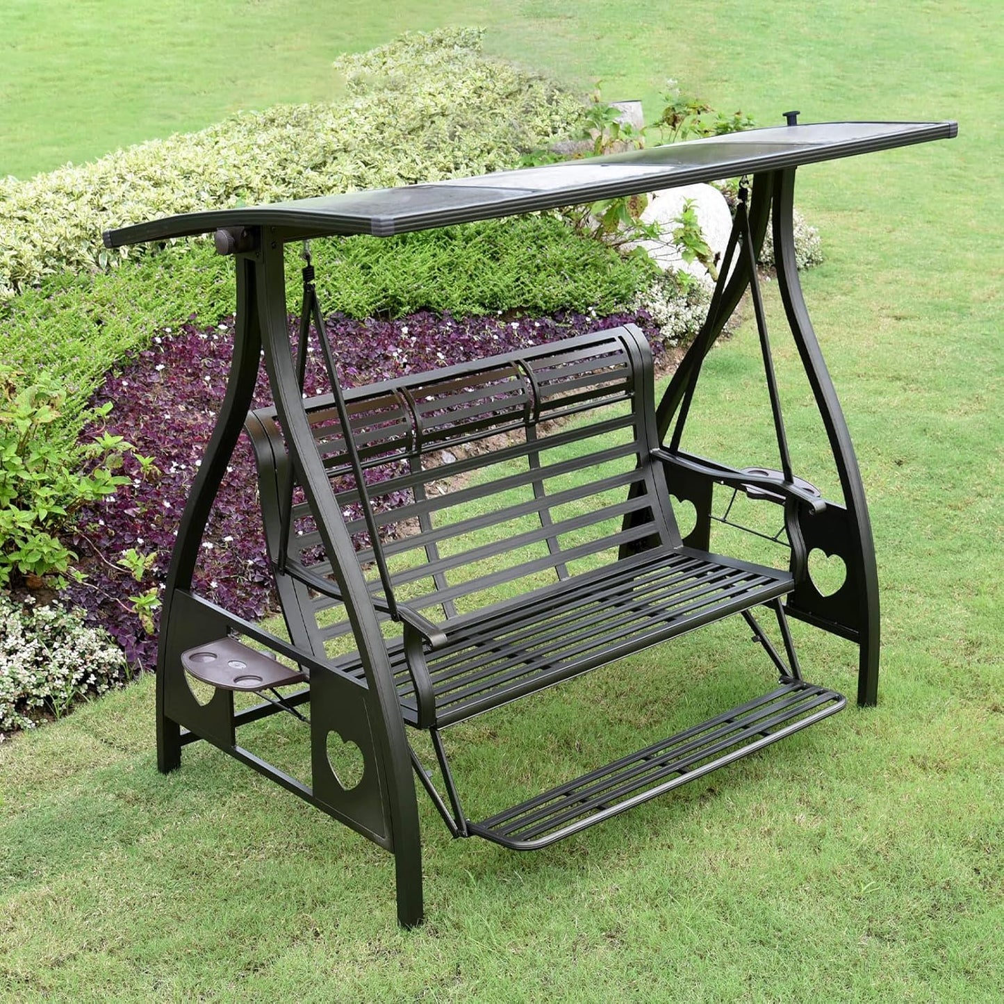 3-Seat Solar Outdoor Patio Swing Chair with Footrest Outdoor Porch Swing with Aluminum Frame Adjustable Tilt Canopy for Poolside Balcony Backyard (Plaid Pillow + Brown Cushion)
