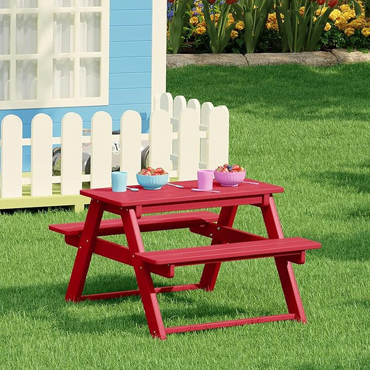 Costaelm Kids Picnic Table, HDPE All Weather Outdoor Toddler Picnic Table and Chair Set Kids Bench for Patio, Backyard, Garden, Lawn, Red
