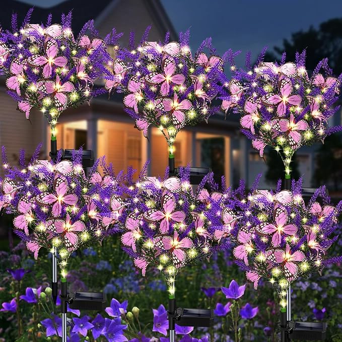 Solar Garden Lights Outdoor, 6 Pack Solar Butterfly Lights Purple Lavender Gardening Gifts for Women, Purple Solar Artificial Flower with Butterfly Purple Garden Decor for Lawn Patio-Warm White