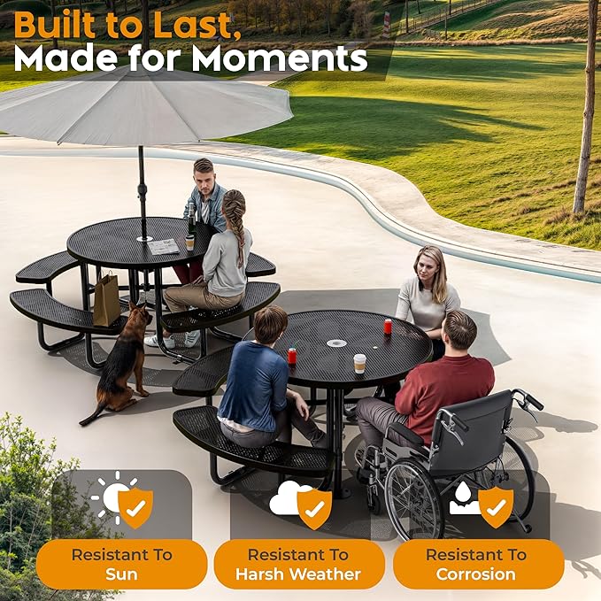 Metal Picnic Tables for Outdoors with Umbrella Hole - Coated Steel Heavy Duty Commercial Grade Table with Adjustable Seats (Black, 46 in, Round, Punched Steel)