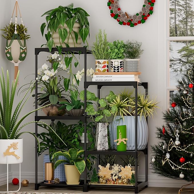 Plant Stand Indoor Outdoor Hanging Plant Shelf for Multiple Plants Pots Metal Flower Stand Flower Holder for Living Room, Patio, Balcony, Garden Decor, Black
