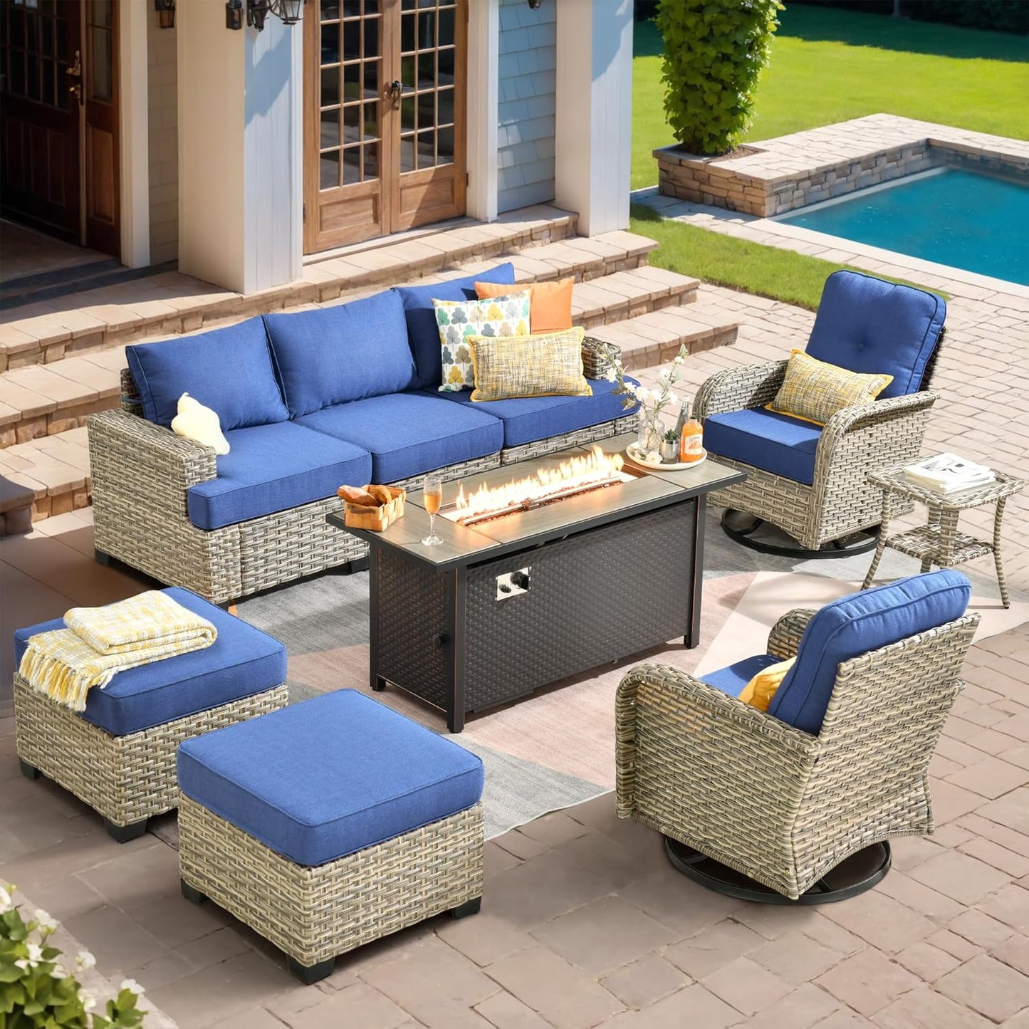 HOOOWOOO Outdoor Sectional Patio Furniture Set with Fire Pit Table,9 Pieces Wicker Conversation Sets,Extra Deep Out Door Sofa Outside Furniture Couch Swivel Chairs Ottoman,Denim Blue