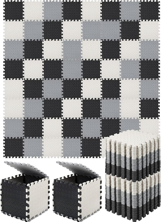 Shihanee Foam Floor Baby Tiles Foam Floor Mats Play Mats Bulk with Borders Interlocking for Kids Baby Playroom Nursery Gym (Black, White and Gray,64ft)