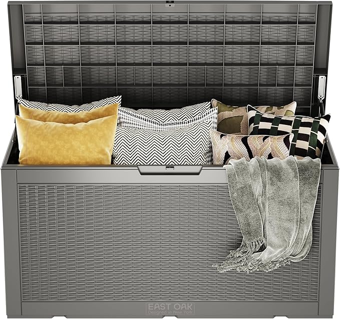 EAST OAK Outdoor Storage Box, 100 Gallon Deck Box, Waterproof Resin Storage Bench for Patio Cushions, Gardening Tools, Pool Accessories, Lockable, UV Resistant, Grey