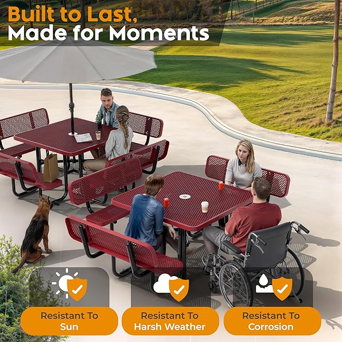 Metal Picnic Tables for Outdoors with Umbrella Hole - Coated Steel Heavy Duty Commercial Grade Table with Adjustable Seats (Red, 46 in, Square with Back, Expanded Steel)