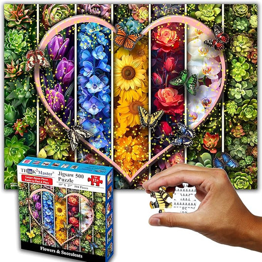 Think2Master Colorful Flowers Succulents & Butterflies 500 Pieces Large Format Jigsaw Puzzle for Kids 12+, Teens, Adults & Families. Beautiful Vibrant Heart Valentine's Day Illustration 26.8” X 18.9”