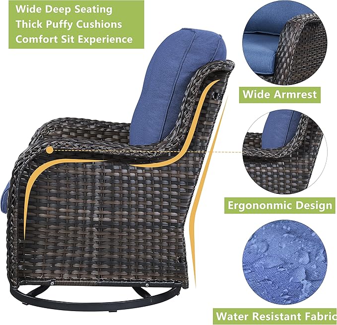 Outdoor Wicker Patio Furniture Set - 5 Piece Rattan Patio Conversation Set with 2 Rocking Swivel Chairs,2 Ottomans and 1 Sofa for Porch Deck Backyard Garden(Brown/Blue)