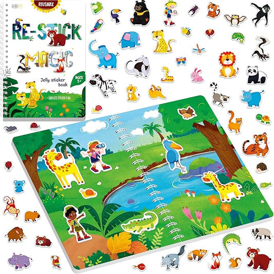 Reusable Jelly Sticker Book, 60 Wild Animals Thick Jelly Stickers Waterproof Gel Cling Decals Jungle Themed Busy Book Hands-on Activity Travel Game Educational Learning Toys for Toddlers, Kids