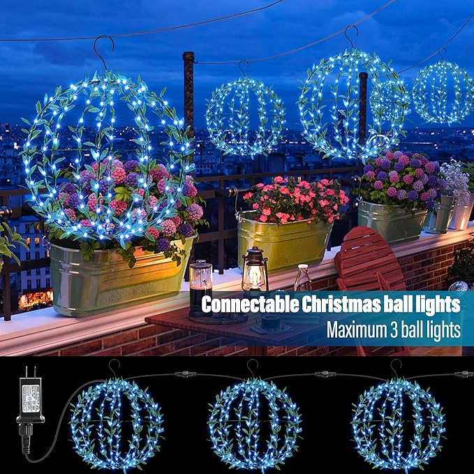 Flacchi Hanging Iron Sphere Lights with Artificial Greenery – 12Inch 120 LED Waterproof Outdoor/Indoor Decor Ball Light with Timer & 8 Modes – 2 Pack for Garden, Christmas, Weddings (Blue)